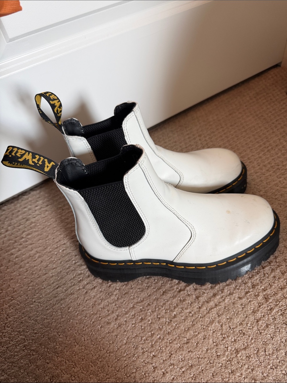 Dr. Martens White Chelsea Boots with Yellow Stitching